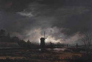 Månebelyst landskab med en vindmølle, tidligt til midten af 1650